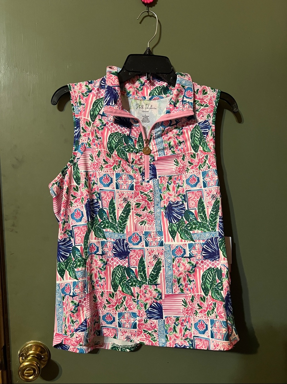 Zip-Front Floral Polo Tank Top in Pink by Stella Parker